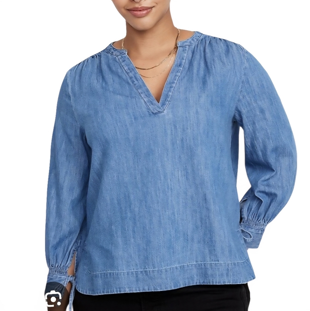 Old Navy Light/Medium Blue Split Neck Puff Sleeve Blouse Sz M
